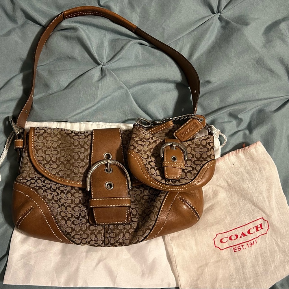 Coach Tan and Brown Signature Shoulder Bag with mini charm bag
